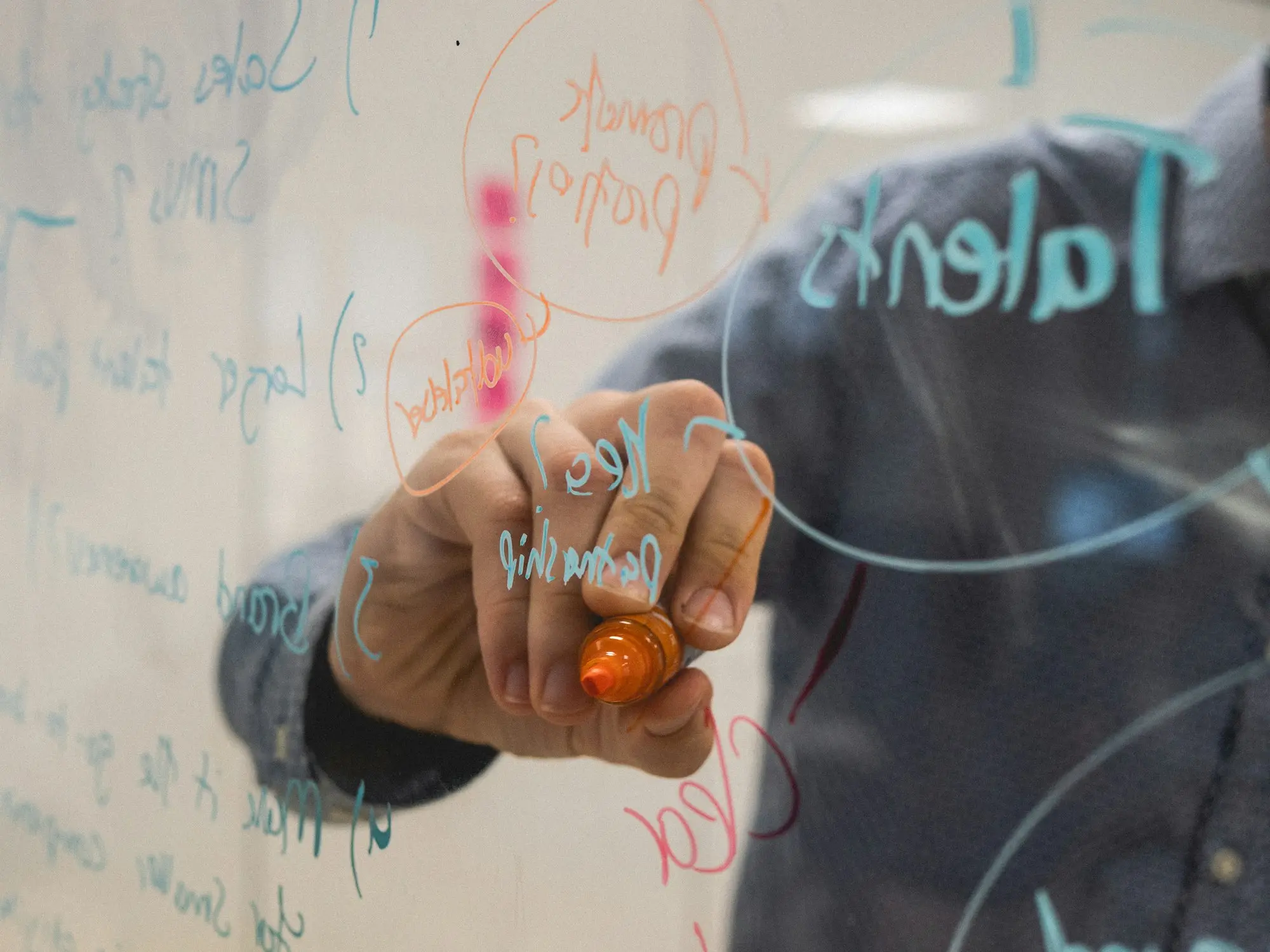 Founder sketching a pitch outline on a glass whiteboard