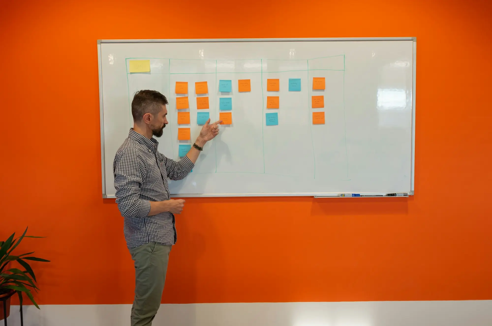 Founder mapping out plans with sticky notes on an office whiteboard